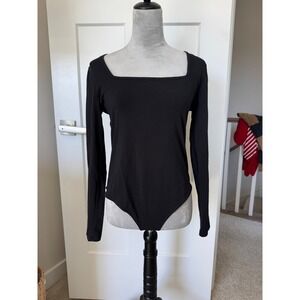 MANGOPOP Womens Black Square Neck Long Sleeve Bodysuit Size XL Slim Fit